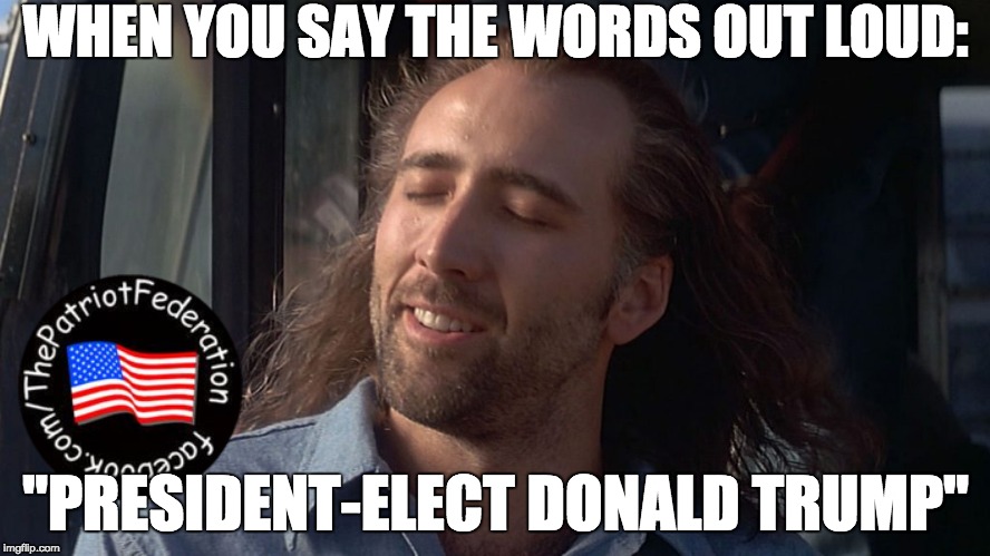 Nicolas Cage Feeling You Get | WHEN YOU SAY THE WORDS OUT LOUD:; "PRESIDENT-ELECT DONALD TRUMP" | image tagged in nicolas cage feeling you get | made w/ Imgflip meme maker
