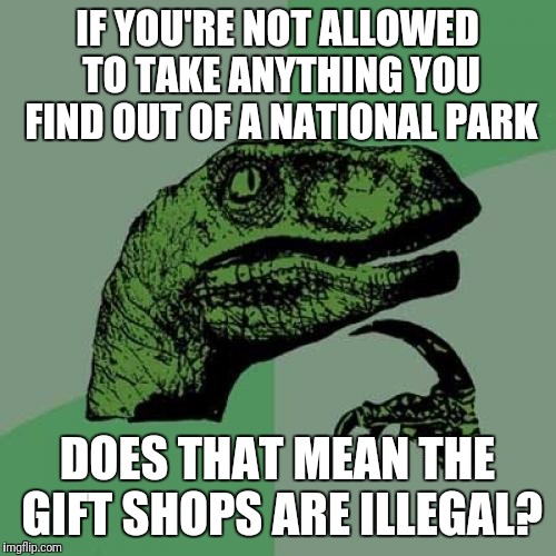 Philosoraptor | IF YOU'RE NOT ALLOWED TO TAKE ANYTHING YOU FIND OUT OF A NATIONAL PARK; DOES THAT MEAN THE GIFT SHOPS ARE ILLEGAL? | image tagged in memes,philosoraptor | made w/ Imgflip meme maker
