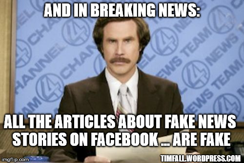 Fake News Facebook | AND IN BREAKING NEWS:; ALL THE ARTICLES ABOUT FAKE NEWS STORIES ON FACEBOOK ... ARE FAKE; TIMFALL.WORDPRESS.COM | image tagged in memes,ron burgundy | made w/ Imgflip meme maker