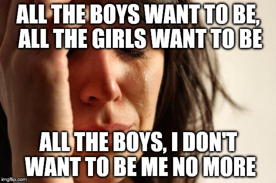First World Problems | ALL THE BOYS WANT TO BE, ALL THE GIRLS WANT TO BE; ALL THE BOYS, I DON'T WANT TO BE ME NO MORE | image tagged in memes,first world problems | made w/ Imgflip meme maker