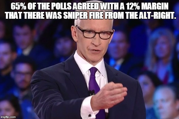 anderson cooper | 65% OF THE POLLS AGREED WITH A 12% MARGIN THAT THERE WAS SNIPER FIRE FROM THE ALT-RIGHT. | image tagged in anderson cooper | made w/ Imgflip meme maker