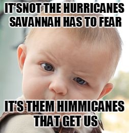 Skeptical Baby | IT'SNOT THE HURRICANES SAVANNAH HAS TO FEAR; IT'S THEM HIMMICANES THAT GET US | image tagged in memes,skeptical baby | made w/ Imgflip meme maker