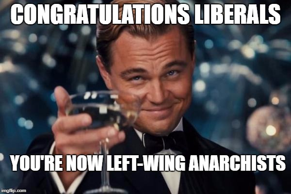 Leonardo Dicaprio Cheers | CONGRATULATIONS LIBERALS; YOU'RE NOW LEFT-WING ANARCHISTS | image tagged in memes,leonardo dicaprio cheers | made w/ Imgflip meme maker