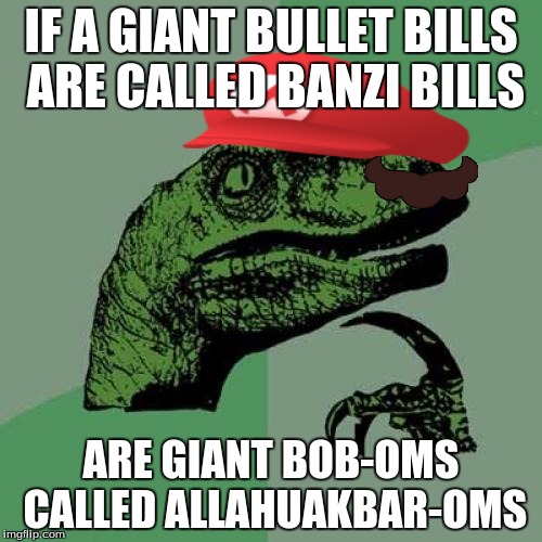 Philosoraptor Meme | IF A GIANT BULLET BILLS ARE CALLED BANZI BILLS; ARE GIANT BOB-OMS CALLED ALLAHUAKBAR-OMS | image tagged in memes,philosoraptor | made w/ Imgflip meme maker