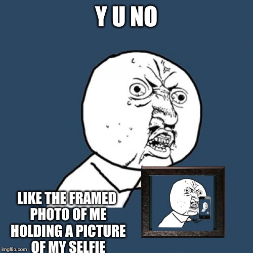 Y U No Meme | Y U NO LIKE THE FRAMED PHOTO OF ME HOLDING A PICTURE OF MY SELFIE | image tagged in memes,y u no | made w/ Imgflip meme maker