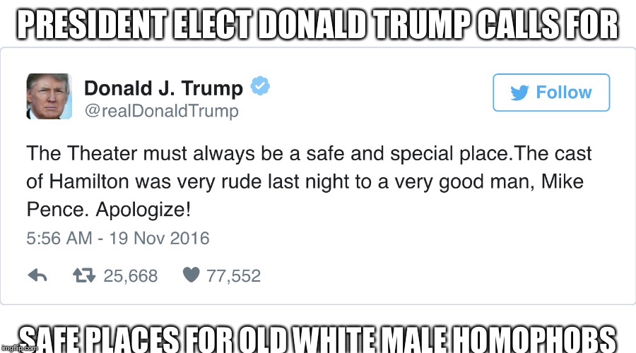 Cry Baby Conservatives  | PRESIDENT ELECT DONALD TRUMP CALLS FOR; SAFE PLACES FOR OLD WHITE MALE HOMOPHOBS | image tagged in funny,politics,donald trump,boohoo,crybaby | made w/ Imgflip meme maker
