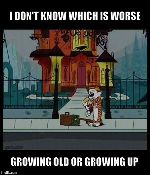 Growing old is mandatory, growing up is optional | I DON'T KNOW WHICH IS WORSE; GROWING OLD OR GROWING UP | image tagged in age,calvin and hobbes,fosters home for imaginary friends | made w/ Imgflip meme maker