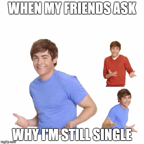 zac efron | WHEN MY FRIENDS ASK; WHY I'M STILL SINGLE | image tagged in zac efron | made w/ Imgflip meme maker