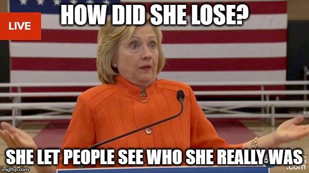 Hillary Clinton Fail | HOW DID SHE LOSE? SHE LET PEOPLE SEE WHO SHE REALLY WAS | image tagged in hillary clinton fail | made w/ Imgflip meme maker