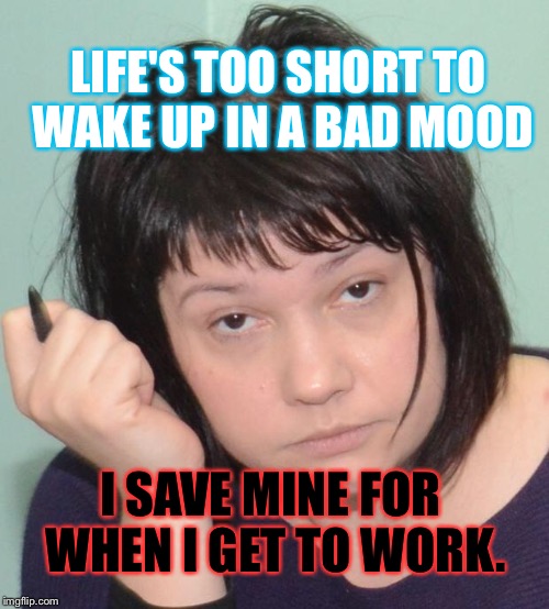 And I Know I'm Not The Only One.... | LIFE'S TOO SHORT TO WAKE UP IN A BAD MOOD; I SAVE MINE FOR WHEN I GET TO WORK. | image tagged in coworker,memes,funny | made w/ Imgflip meme maker