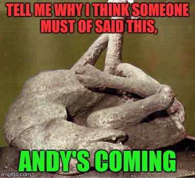 TELL ME WHY I THINK SOMEONE MUST OF SAID THIS, ANDY'S COMING | image tagged in pompeii | made w/ Imgflip meme maker