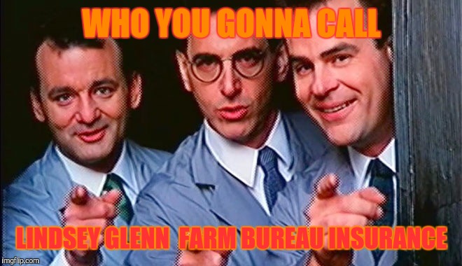 Who you gonna call? | WHO YOU GONNA CALL; LINDSEY GLENN 
FARM BUREAU INSURANCE | image tagged in who you gonna call | made w/ Imgflip meme maker