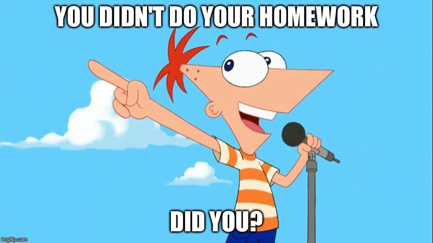 YOU DIDN'T DO YOUR HOMEWORK; DID YOU? | image tagged in phineas flynn | made w/ Imgflip meme maker