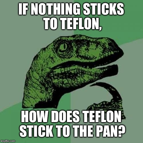 Philosoraptor | IF NOTHING STICKS TO TEFLON, HOW DOES TEFLON STICK TO THE PAN? | image tagged in memes,philosoraptor | made w/ Imgflip meme maker