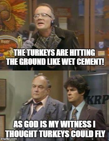 WKRP Turkeys Away | THE TURKEYS ARE HITTING THE GROUND LIKE WET CEMENT! AS GOD IS MY WITNESS I THOUGHT TURKEYS COULD FLY | image tagged in wkrp turkeys away | made w/ Imgflip meme maker
