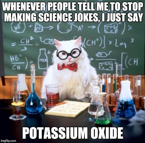 Chemistry Cat | WHENEVER PEOPLE TELL ME TO STOP MAKING SCIENCE JOKES, I JUST SAY; POTASSIUM OXIDE | image tagged in memes,chemistry cat | made w/ Imgflip meme maker