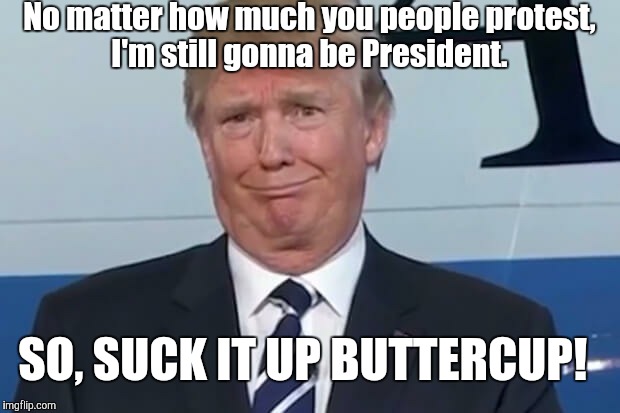 donald trump |  No matter how much you people protest, I'm still gonna be President. SO, SUCK IT UP BUTTERCUP! | image tagged in donald trump | made w/ Imgflip meme maker