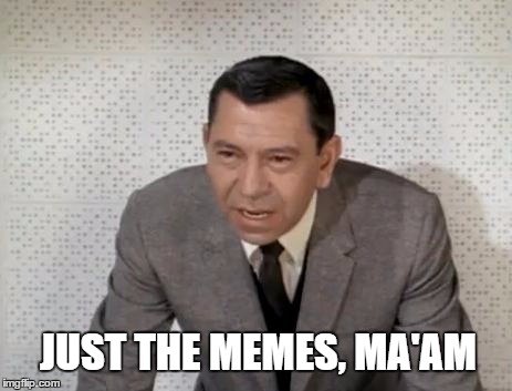 Just the memes, ma'am | JUST THE MEMES, MA'AM | image tagged in dragnet,sgt friday,memes,jack webb,joe friday,just the facts | made w/ Imgflip meme maker