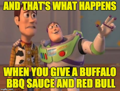 AND THAT'S WHAT HAPPENS WHEN YOU GIVE A BUFFALO BBQ SAUCE AND RED BULL | image tagged in memes,x x everywhere | made w/ Imgflip meme maker