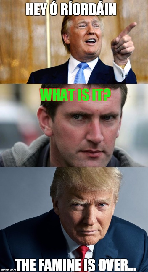 time to go back to Ireland  | HEY Ó RÍORDÁIN; WHAT IS IT? THE FAMINE IS OVER... | image tagged in rordin an trump | made w/ Imgflip meme maker