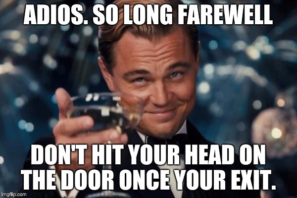 Leonardo Dicaprio Cheers Meme | ADIOS. SO LONG FAREWELL; DON'T HIT YOUR HEAD ON THE DOOR ONCE YOUR EXIT. | image tagged in memes,leonardo dicaprio cheers | made w/ Imgflip meme maker