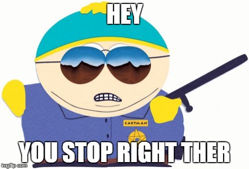 Officer Cartman | HEY; YOU STOP RIGHT THER | image tagged in memes,officer cartman | made w/ Imgflip meme maker