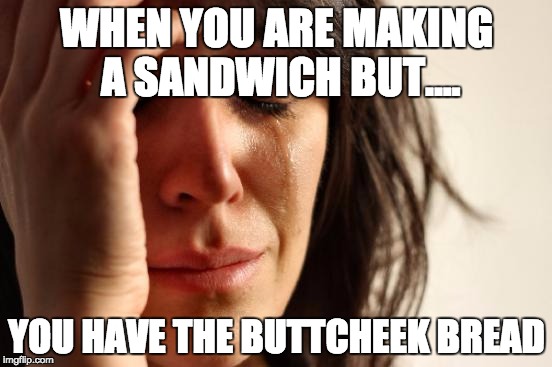 First World Problems Meme | WHEN YOU ARE MAKING A SANDWICH BUT.... YOU HAVE THE BUTTCHEEK BREAD | image tagged in memes,first world problems | made w/ Imgflip meme maker