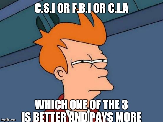 Futurama Fry | C.S.I OR F.B.I OR C.I.A; WHICH ONE OF THE 3 IS BETTER AND PAYS MORE | image tagged in memes,futurama fry | made w/ Imgflip meme maker