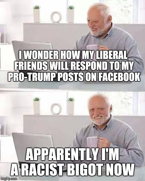 Calling someone a racist is trendy these days | I WONDER HOW MY LIBERAL FRIENDS WILL RESPOND TO MY PRO-TRUMP POSTS ON FACEBOOK; APPARENTLY I'M A RACIST BIGOT NOW | image tagged in memes,hide the pain harold | made w/ Imgflip meme maker