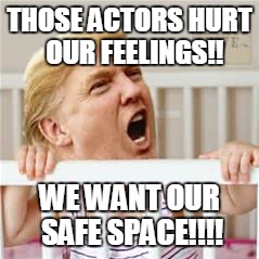 Even bullies need safe spaces sometimes! | THOSE ACTORS HURT  OUR FEELINGS!! WE WANT OUR SAFE SPACE!!!! | image tagged in trump,pence,hamilton,theatre,crybabies,safe space | made w/ Imgflip meme maker