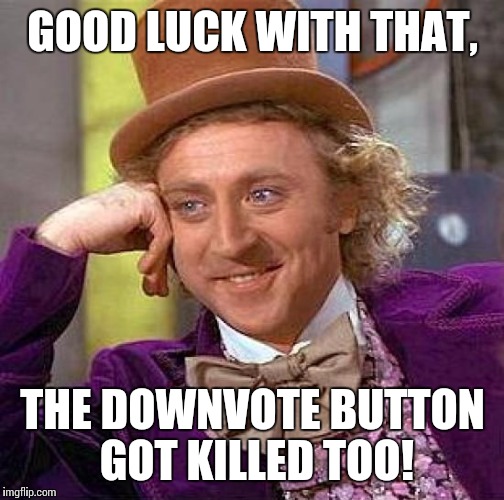Creepy Condescending Wonka Meme | GOOD LUCK WITH THAT, THE DOWNVOTE BUTTON GOT KILLED TOO! | image tagged in memes,creepy condescending wonka | made w/ Imgflip meme maker