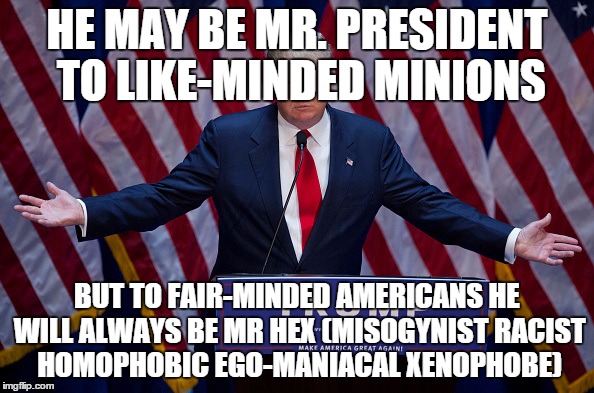 Donald Trump | HE MAY BE MR. PRESIDENT TO LIKE-MINDED MINIONS; BUT TO FAIR-MINDED AMERICANS HE WILL ALWAYS BE MR HEX (MISOGYNIST RACIST HOMOPHOBIC EGO-MANIACAL XENOPHOBE) | image tagged in donald trump | made w/ Imgflip meme maker