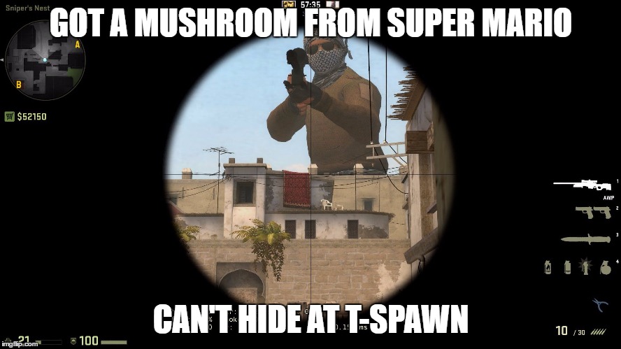 Super Mario World: Global Offensive | GOT A MUSHROOM FROM SUPER MARIO; CAN'T HIDE AT T-SPAWN | image tagged in csgo,counter strike,terrorist,sniper,camper,memes | made w/ Imgflip meme maker