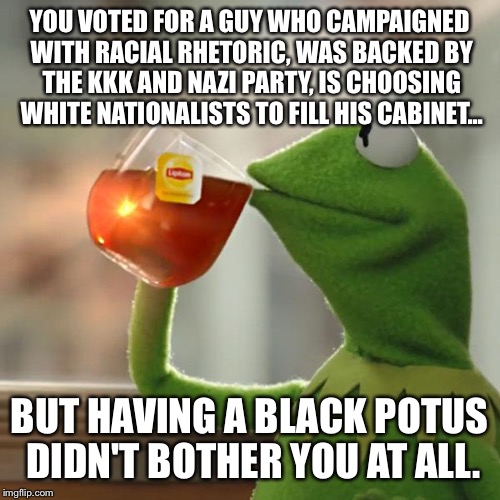 But That's None Of My Business Meme | YOU VOTED FOR A GUY WHO CAMPAIGNED WITH RACIAL RHETORIC, WAS BACKED BY THE KKK AND NAZI PARTY, IS CHOOSING WHITE NATIONALISTS TO FILL HIS CABINET... BUT HAVING A BLACK POTUS DIDN'T BOTHER YOU AT ALL. | image tagged in memes,but thats none of my business,kermit the frog | made w/ Imgflip meme maker