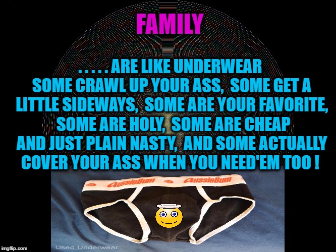 . . . . . ARE LIKE UNDERWEAR SOME CRAWL UP YOUR ASS,  SOME GET A LITTLE SIDEWAYS,  SOME ARE YOUR FAVORITE,  SOME ARE HOLY,  SOME ARE CHEAP AND JUST PLAIN NASTY,  AND SOME ACTUALLY COVER YOUR ASS WHEN YOU NEED'EM TOO ! FAMILY | image tagged in underwear | made w/ Imgflip meme maker