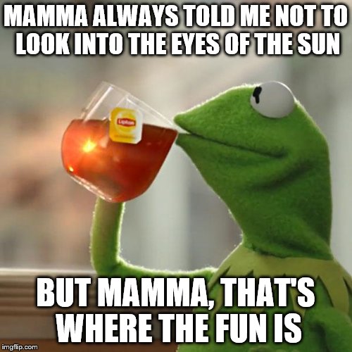 But That's None Of My Business Meme | MAMMA ALWAYS TOLD ME NOT TO LOOK INTO THE EYES OF THE SUN BUT MAMMA, THAT'S WHERE THE FUN IS | image tagged in memes,but thats none of my business,kermit the frog | made w/ Imgflip meme maker