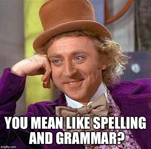 Creepy Condescending Wonka Meme | YOU MEAN LIKE SPELLING AND GRAMMAR? | image tagged in memes,creepy condescending wonka | made w/ Imgflip meme maker