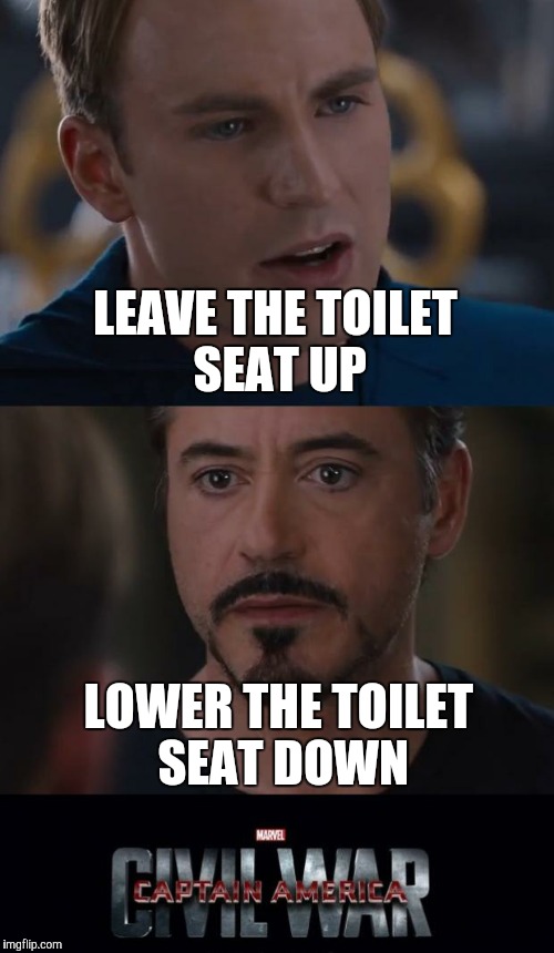 I think the key is trying to minimize the number of seat movements | LEAVE THE TOILET SEAT UP; LOWER THE TOILET SEAT DOWN | image tagged in memes,marvel civil war | made w/ Imgflip meme maker