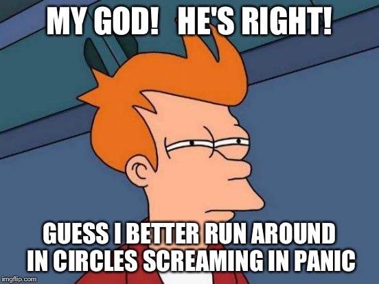 Futurama Fry Meme | MY GOD!   HE'S RIGHT! GUESS I BETTER RUN AROUND IN CIRCLES SCREAMING IN PANIC | image tagged in memes,futurama fry | made w/ Imgflip meme maker