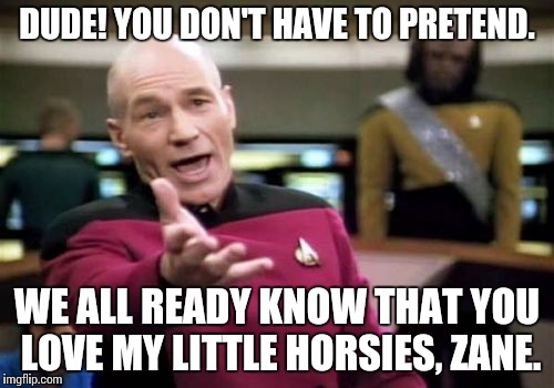 Picard Wtf | DUDE! YOU DON'T HAVE TO PRETEND. WE ALL READY KNOW THAT YOU LOVE MY LITTLE HORSIES, ZANE. | image tagged in memes,picard wtf | made w/ Imgflip meme maker