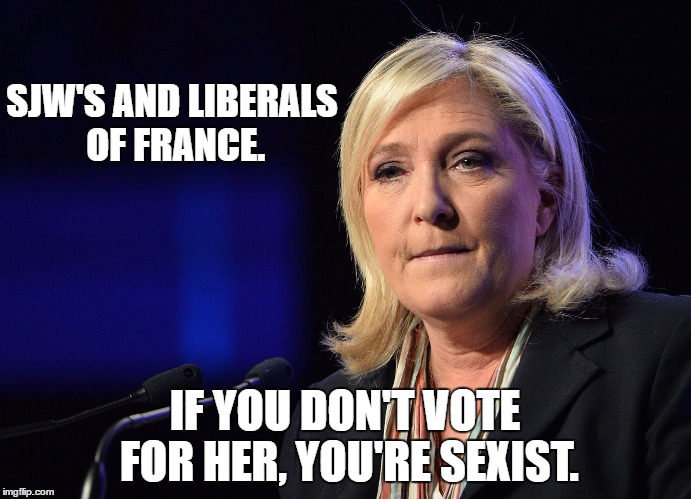 Same Statement You Used For Clinton. | SJW'S AND LIBERALS OF FRANCE. IF YOU DON'T VOTE FOR HER, YOU'RE SEXIST. | image tagged in liberals for le pen | made w/ Imgflip meme maker