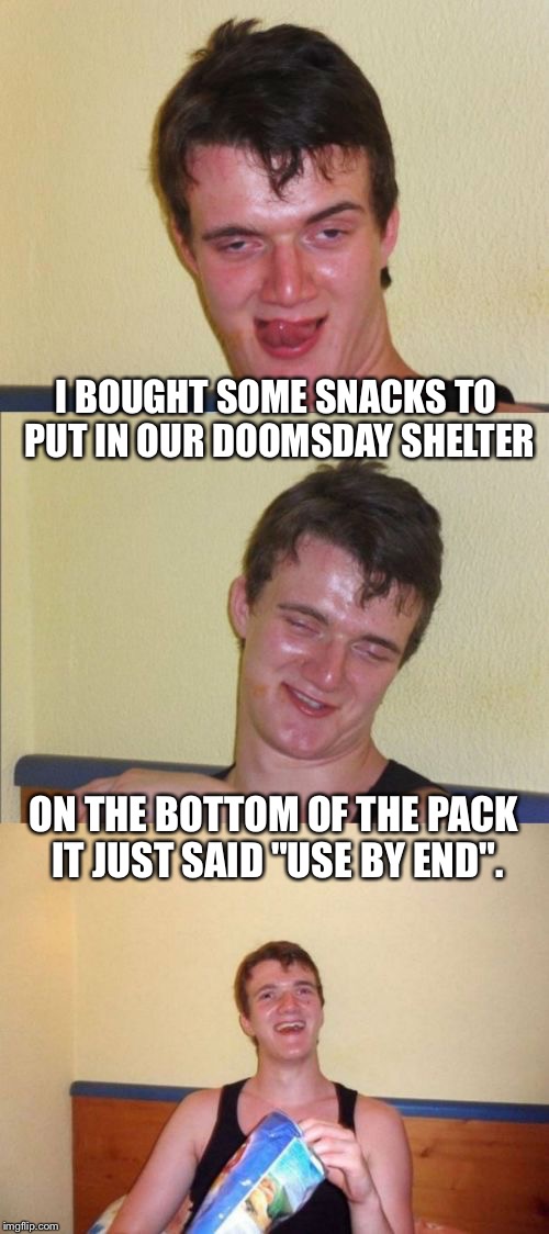 Doomsday Snacks | I BOUGHT SOME SNACKS TO PUT IN OUR DOOMSDAY SHELTER; ON THE BOTTOM OF THE PACK IT JUST SAID "USE BY END". | image tagged in 10 guy bad pun | made w/ Imgflip meme maker