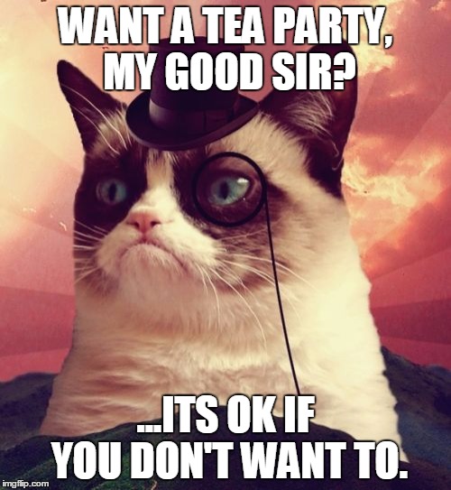 Grumpy Cat Top Hat | WANT A TEA PARTY, MY GOOD SIR? ...ITS OK IF YOU DON'T WANT TO. | image tagged in memes,grumpy cat top hat,grumpy cat | made w/ Imgflip meme maker