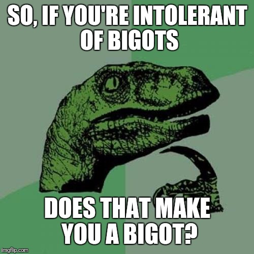 Philosoraptor Meme | SO, IF YOU'RE INTOLERANT OF BIGOTS DOES THAT MAKE YOU A BIGOT? | image tagged in memes,philosoraptor | made w/ Imgflip meme maker
