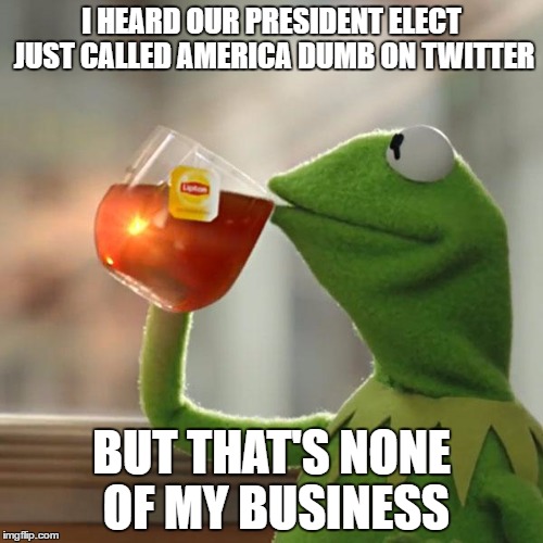 But That's None Of My Business | I HEARD OUR PRESIDENT ELECT JUST CALLED AMERICA DUMB ON TWITTER; BUT THAT'S NONE OF MY BUSINESS | image tagged in memes,but thats none of my business,kermit the frog | made w/ Imgflip meme maker