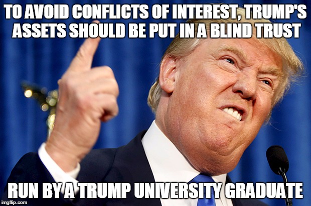 Donald Trump | TO AVOID CONFLICTS OF INTEREST, TRUMP'S ASSETS SHOULD BE PUT IN A BLIND TRUST; RUN BY A TRUMP UNIVERSITY GRADUATE | image tagged in donald trump | made w/ Imgflip meme maker