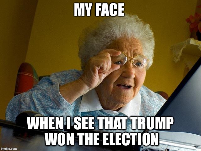 Grandma Finds The Internet | MY FACE; WHEN I SEE THAT TRUMP WON THE ELECTION | image tagged in memes,grandma finds the internet | made w/ Imgflip meme maker