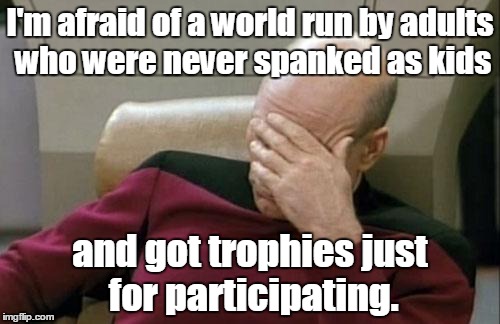 Captain Picard Facepalm Meme | I'm afraid of a world run by adults who were never spanked as kids; and got trophies just for participating. | image tagged in memes,captain picard facepalm | made w/ Imgflip meme maker