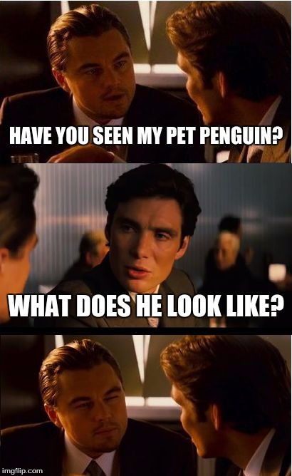 Inception Meme | HAVE YOU SEEN MY PET PENGUIN? WHAT DOES HE LOOK LIKE? | image tagged in memes,inception | made w/ Imgflip meme maker