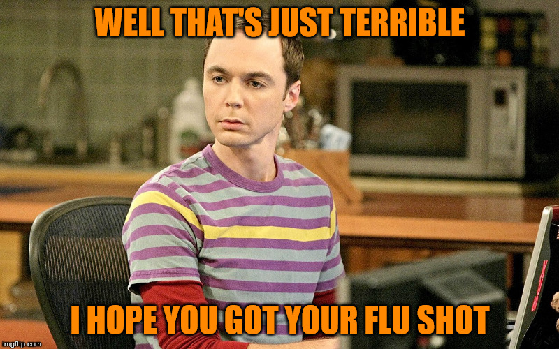Sheldon - Well That's Just Terrible | WELL THAT'S JUST TERRIBLE I HOPE YOU GOT YOUR FLU SHOT | image tagged in sheldon - well that's just terrible | made w/ Imgflip meme maker